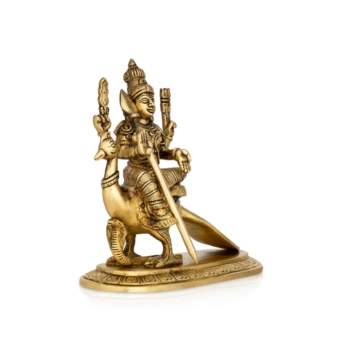 Murugan Statue Sitting On Peacock - 10 x 5 Inches | Antique Brass Idol/ Kartikeya Statue With Base for Pooja