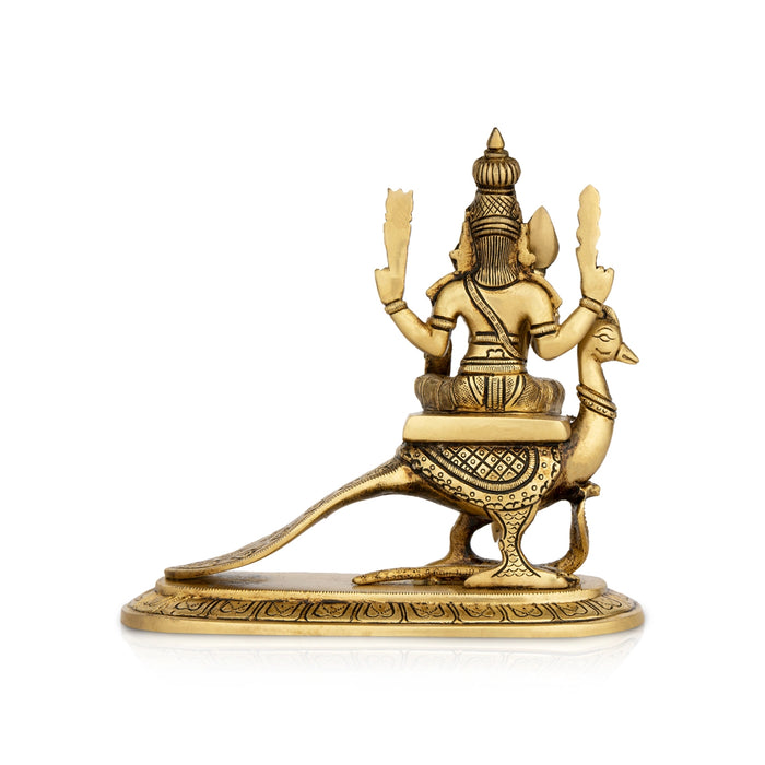 Murugan Statue Sitting On Peacock - 10 x 5 Inches | Antique Brass Idol/ Kartikeya Statue With Base for Pooja
