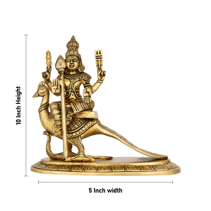 Murugan Statue Sitting On Peacock - 10 x 5 Inches | Antique Brass Idol/ Kartikeya Statue With Base for Pooja