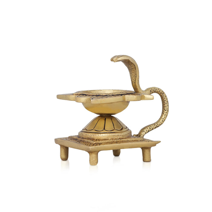 Agal Vilakku With Snake Handle - 4 x 3 Inches | Brass Lamp/Antique Polish Flower Design Kartik Deepam for Pooja