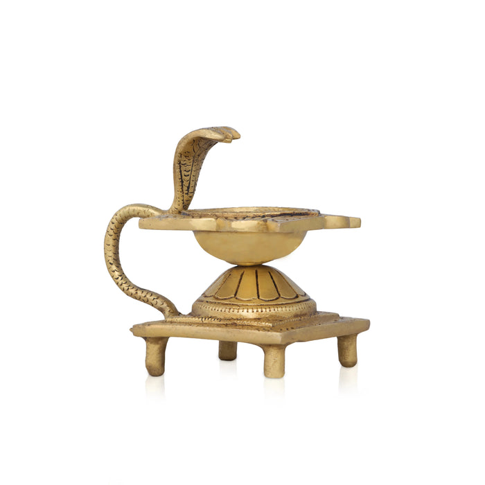 Agal Vilakku With Snake Handle - 4 x 3 Inches | Brass Lamp/Antique Polish Flower Design Kartik Deepam for Pooja