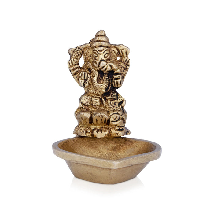 Deep With Ganesh Murti - 2 X 2.5 Inches | Brass Vilakku/ Antique Brass Lamp For Festivals & Pooja