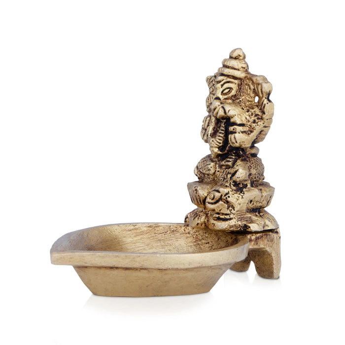Deep With Ganesh Murti - 2 X 2.5 Inches | Brass Vilakku/ Antique Brass Lamp For Festivals & Pooja