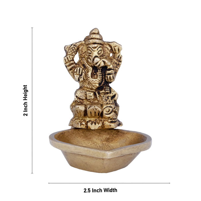 Deep With Ganesh Murti - 2 X 2.5 Inches | Brass Vilakku/ Antique Brass Lamp For Festivals & Pooja