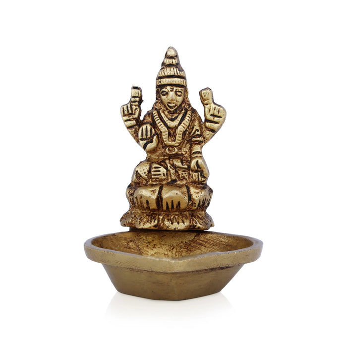 Brass Lamp With Lakshmi Murti- 2 X 2.5 Inches | Vilakku/ Brass Deepam/ Antique Polish Diya For Wealth Blessings