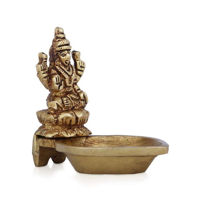 Brass Lamp With Lakshmi Murti- 2 X 2.5 Inches | Vilakku/ Brass Deepam/ Antique Polish Diya For Wealth Blessings