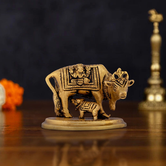 Cow And Calf Statue With Base- 2.5 x 3 Inches | Antique Brass Idol/ Kamdhenu Cow With Calf Idol For Prosperity