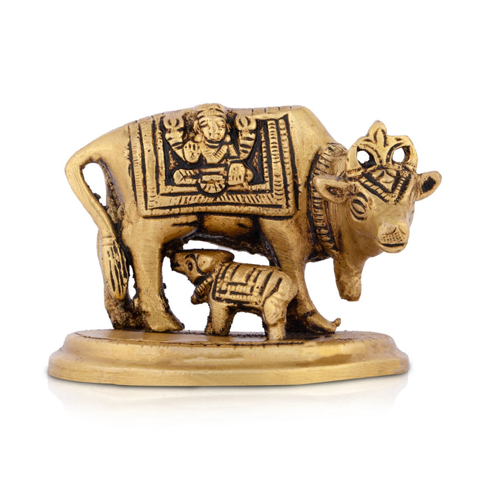 Cow And Calf Statue With Base- 2.5 x 3 Inches | Antique Brass Idol/ Kamdhenu Cow With Calf Idol For Prosperity