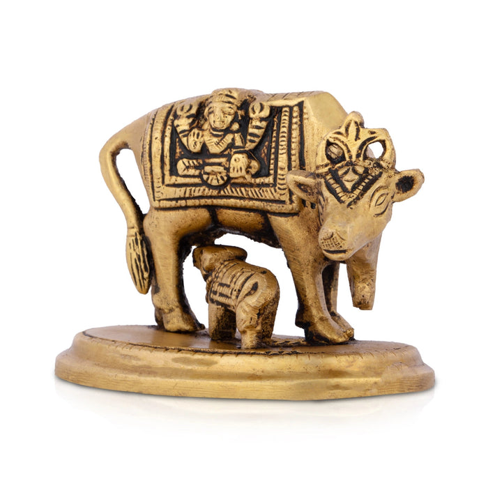 Cow And Calf Statue With Base- 2.5 x 3 Inches | Antique Brass Idol/ Kamdhenu Cow With Calf Idol For Prosperity