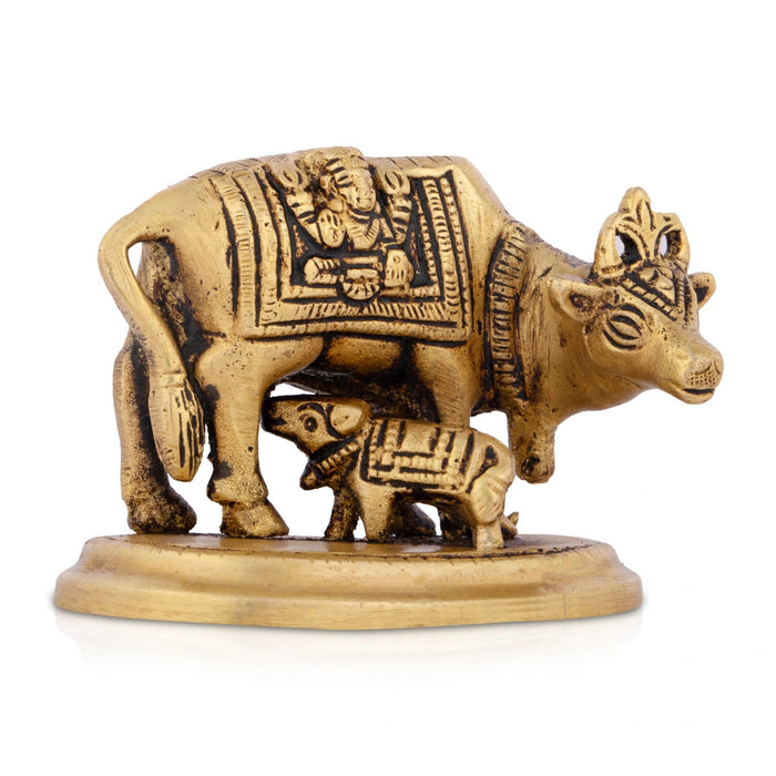 Cow And Calf Statue With Base- 2.5 x 3 Inches | Antique Brass Idol/ Kamdhenu Cow With Calf Idol For Prosperity