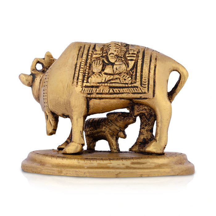 Cow And Calf Statue With Base- 2.5 x 3 Inches | Antique Brass Idol/ Kamdhenu Cow With Calf Idol For Prosperity