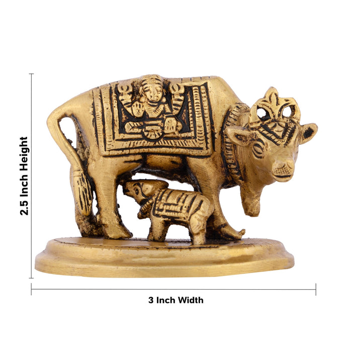 Cow And Calf Statue With Base- 2.5 x 3 Inches | Antique Brass Idol/ Kamdhenu Cow With Calf Idol For Prosperity