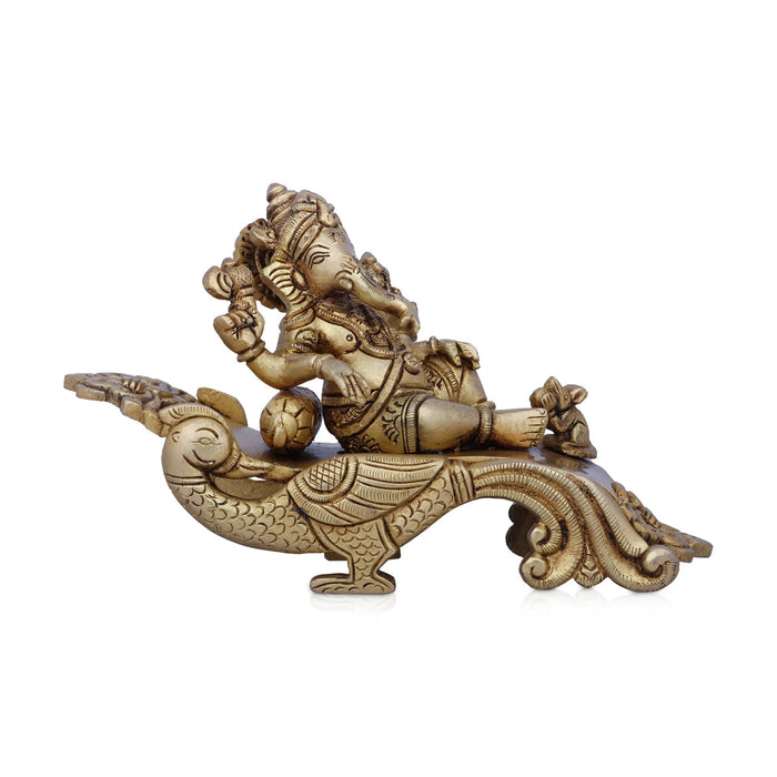 Ganesh Murti Sitting On Peacock Sinhasan - 4.5 X 7 Inches | Ganapati Idol/ Antique Brass Idol For Pooja