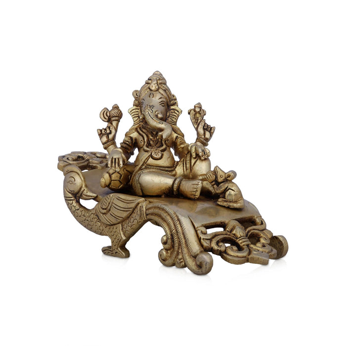 Ganesh Murti Sitting On Peacock Sinhasan - 4.5 X 7 Inches | Ganapati Idol/ Antique Brass Idol For Pooja