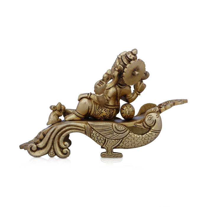 Ganesh Murti Sitting On Peacock Sinhasan - 4.5 X 7 Inches | Ganapati Idol/ Antique Brass Idol For Pooja