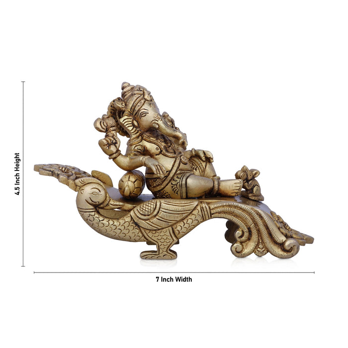 Ganesh Murti Sitting On Peacock Sinhasan - 4.5 X 7 Inches | Ganapati Idol/ Antique Brass Idol For Pooja