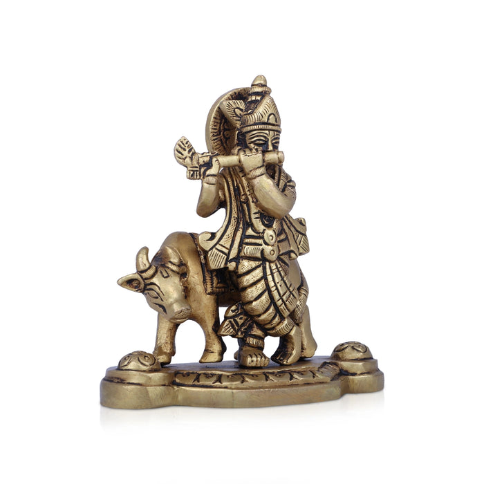 Krishna Murti With Cow - 4.5 x 4 Inches | Antique Brass Idol/ Krishna Idol Standing On Base for Pooja