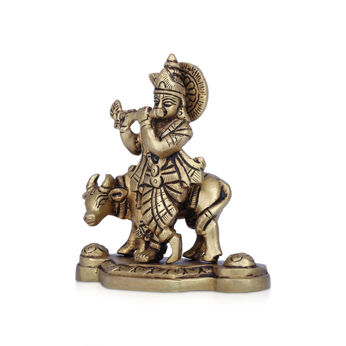 Krishna Murti With Cow - 4.5 x 4 Inches | Antique Brass Idol/ Krishna Idol Standing On Base for Pooja