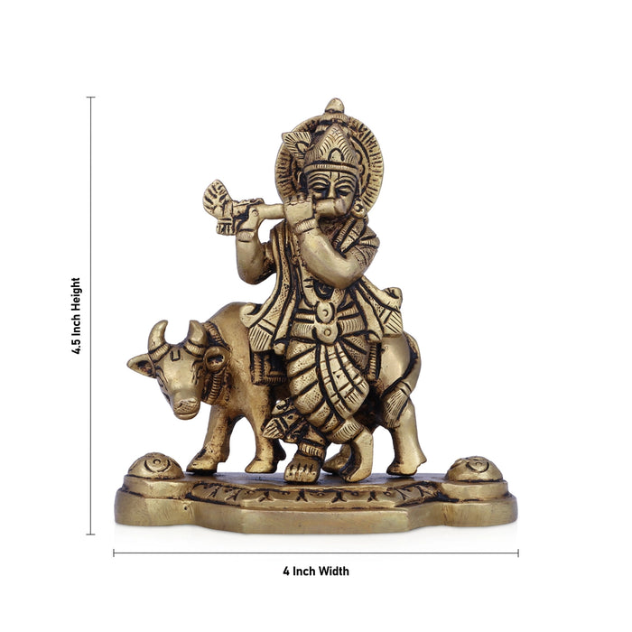 Krishna Murti With Cow - 4.5 x 4 Inches | Antique Brass Idol/ Krishna Idol Standing On Base for Pooja