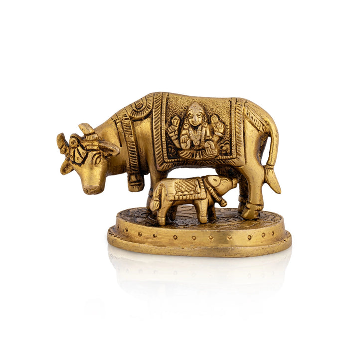 Kamdhenu Cow With Calf Idol With Base- 3 x 3.5 Inches | Brass Idol/ Antique Polish Cow And Calf Statue for Home