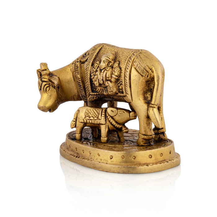 Kamdhenu Cow With Calf Idol With Base- 3 x 3.5 Inches | Brass Idol/ Antique Polish Cow And Calf Statue for Home