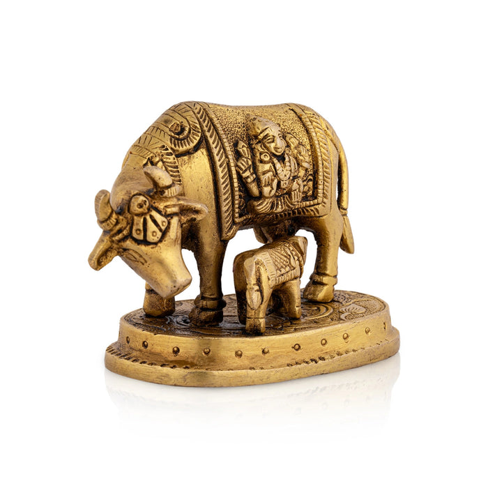 Kamdhenu Cow With Calf Idol With Base- 3 x 3.5 Inches | Brass Idol/ Antique Polish Cow And Calf Statue for Home