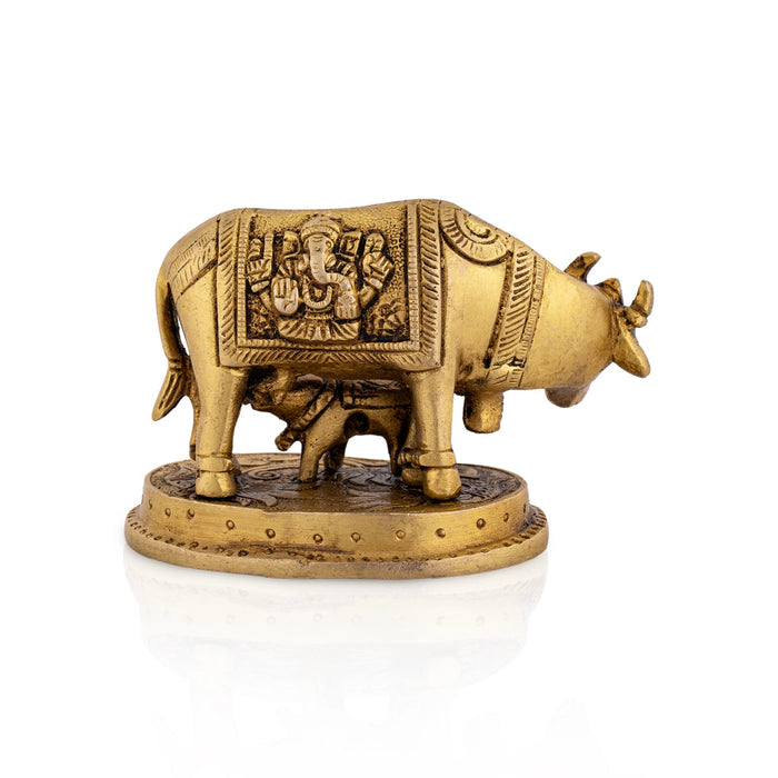 Kamdhenu Cow With Calf Idol With Base- 3 x 3.5 Inches | Brass Idol/ Antique Polish Cow And Calf Statue for Home