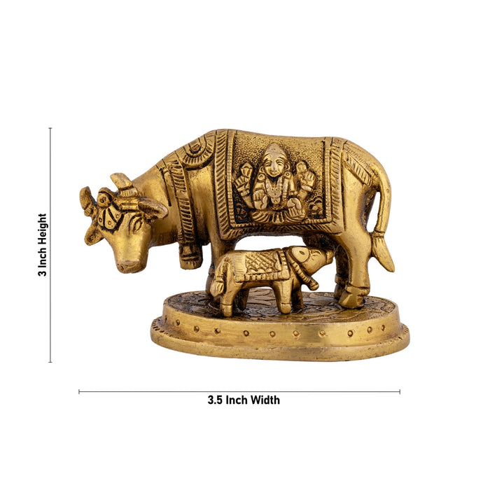 Kamdhenu Cow With Calf Idol With Base- 3 x 3.5 Inches | Brass Idol/ Antique Polish Cow And Calf Statue for Home