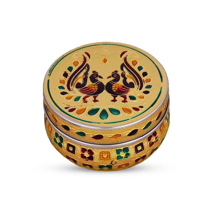 Pooja Box - 2.5 x 4 Inches | Stainless Steel Storage Box/ Gold Meenakari Design Jewellery Box for Pooja
