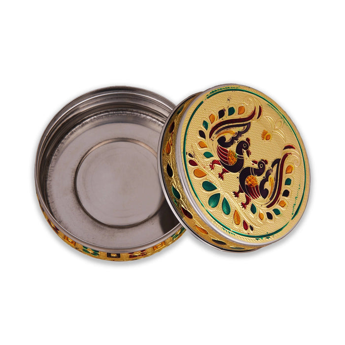Pooja Box - 2.5 x 4 Inches | Stainless Steel Storage Box/ Gold Meenakari Design Jewellery Box for Pooja