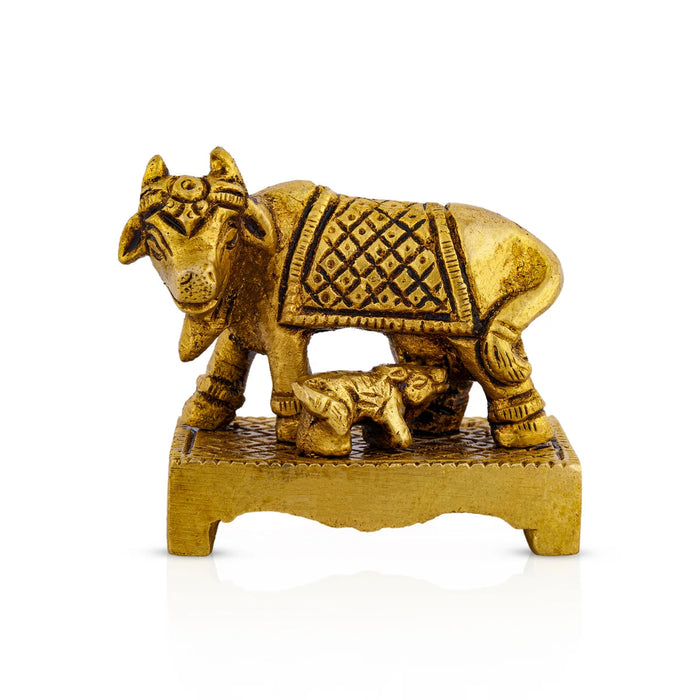 Kamdhenu Cow With Calf Idol With Base- 2 x 2.5 Inches | Brass Idol/ Antique Polish Cow And Calf Statue for Home