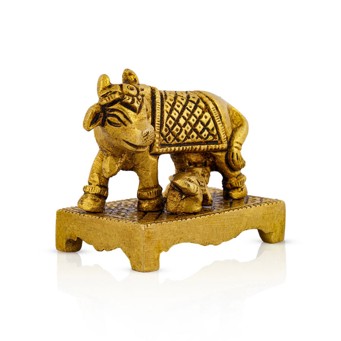 Kamdhenu Cow With Calf Idol With Base- 2 x 2.5 Inches | Brass Idol/ Antique Polish Cow And Calf Statue for Home