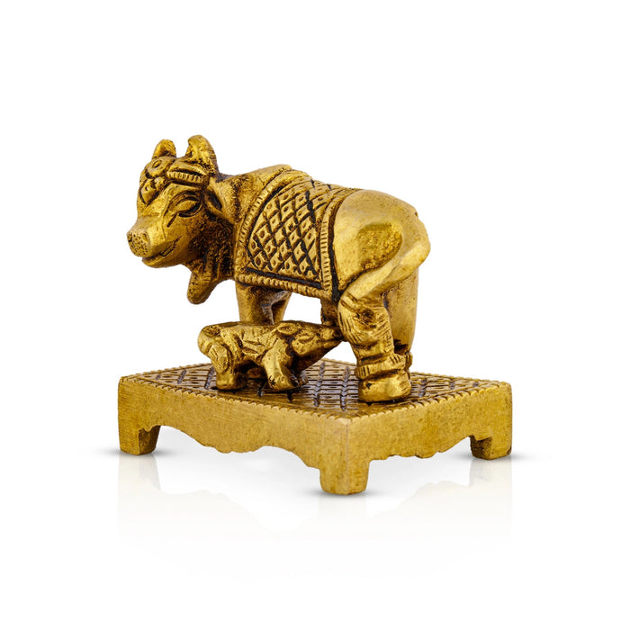 Kamdhenu Cow With Calf Idol With Base- 2 x 2.5 Inches | Brass Idol/ Antique Polish Cow And Calf Statue for Home