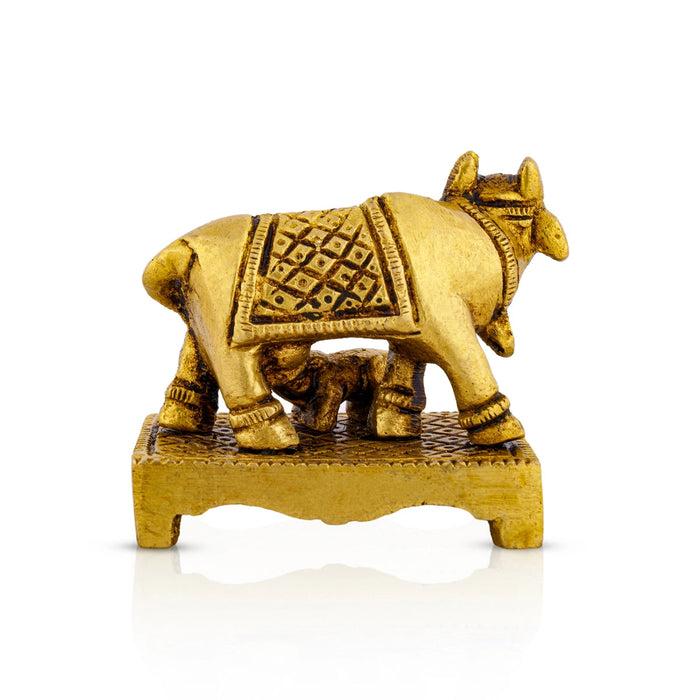 Kamdhenu Cow With Calf Idol With Base- 2 x 2.5 Inches | Brass Idol/ Antique Polish Cow And Calf Statue for Home