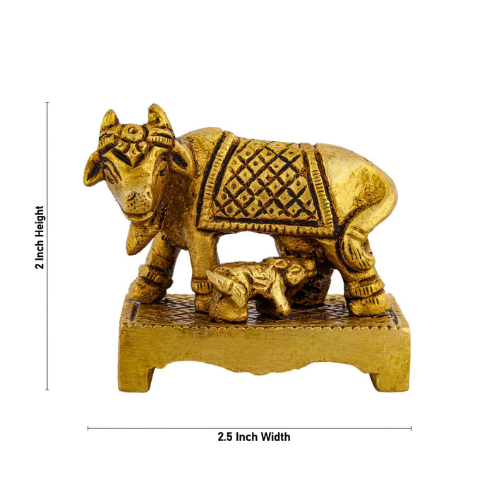 Kamdhenu Cow With Calf Idol With Base- 2 x 2.5 Inches | Brass Idol/ Antique Polish Cow And Calf Statue for Home