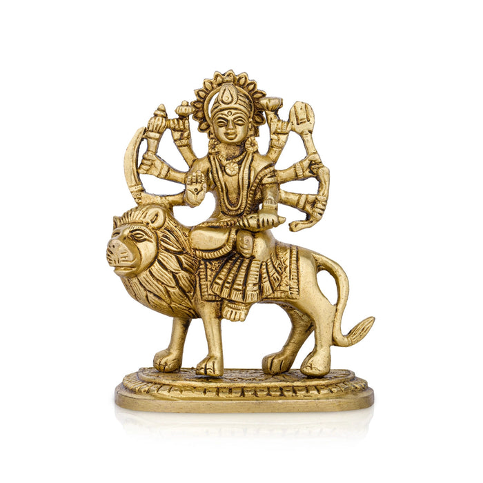 Durga Statue Sitting On Lion - 3.5 x 2.5 Inches | Antique Brass Idol/ Durga Idol With 8 Hands for Pooja