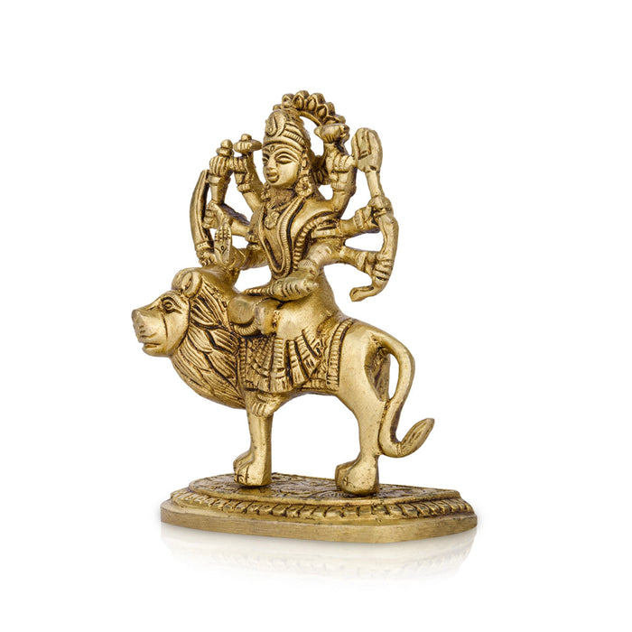 Durga Statue Sitting On Lion - 3.5 x 2.5 Inches | Antique Brass Idol/ Durga Idol With 8 Hands for Pooja