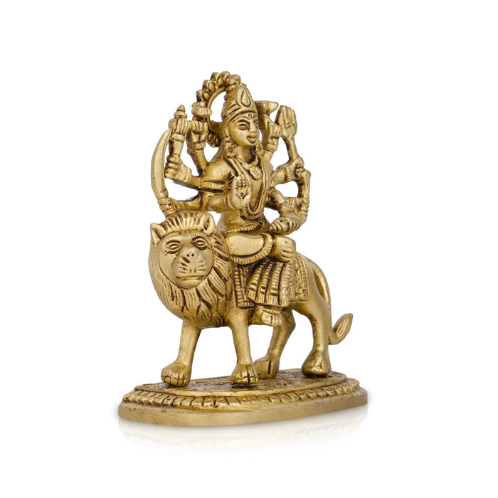 Durga Statue Sitting On Lion - 3.5 x 2.5 Inches | Antique Brass Idol/ Durga Idol With 8 Hands for Pooja