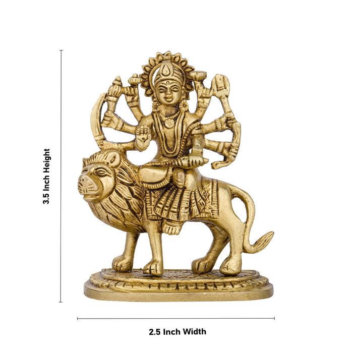 Durga Statue Sitting On Lion - 3.5 x 2.5 Inches | Antique Brass Idol/ Durga Idol With 8 Hands for Pooja