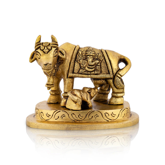 Cow With Calf Idol With Base - 2.5 x 2.75 Inches | Kamdhenu Cow With Calf Idol/ Antique Brass Idol for Pooja