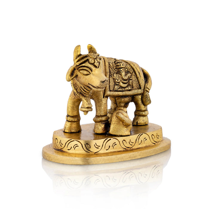 Cow With Calf Idol With Base - 2.5 x 2.75 Inches | Kamdhenu Cow With Calf Idol/ Antique Brass Idol for Pooja