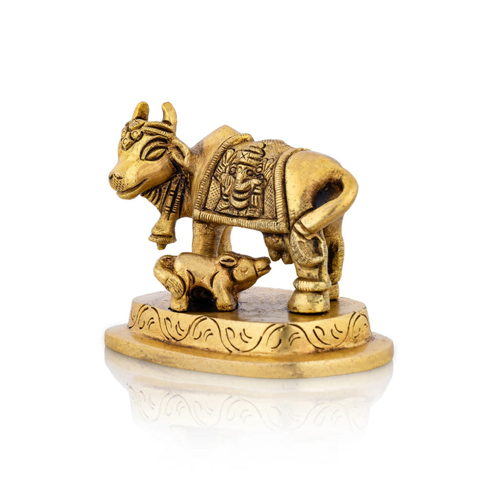 Cow With Calf Idol With Base - 2.5 x 2.75 Inches | Kamdhenu Cow With Calf Idol/ Antique Brass Idol for Pooja