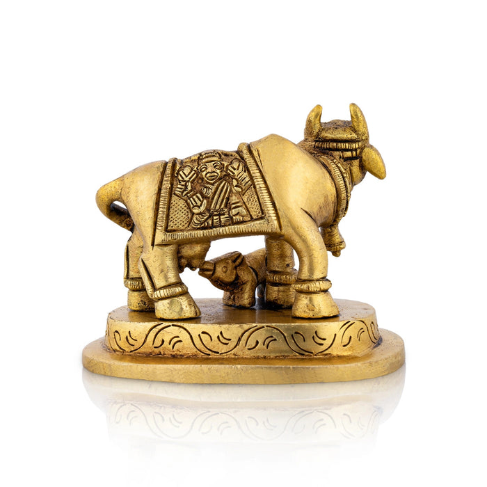 Cow With Calf Idol With Base - 2.5 x 2.75 Inches | Kamdhenu Cow With Calf Idol/ Antique Brass Idol for Pooja