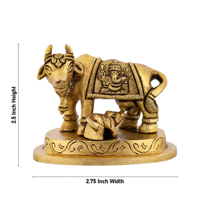 Cow With Calf Idol With Base - 2.5 x 2.75 Inches | Kamdhenu Cow With Calf Idol/ Antique Brass Idol for Pooja