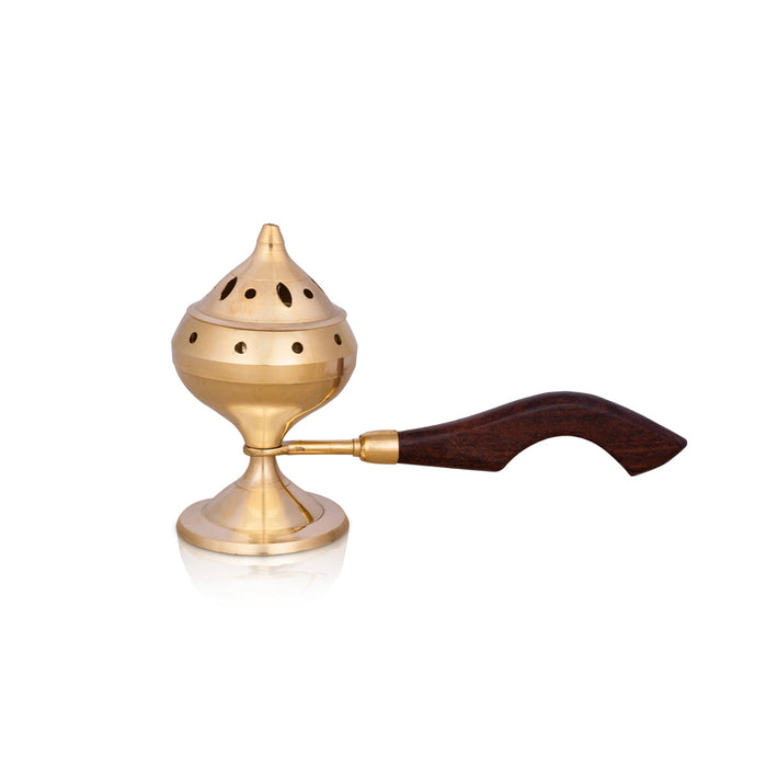 Sambrani Holder With Wooden Handle - 5 x 8 Inches | Brass Dhoop Stand With Lid/ Sambrani Stand for Pooja