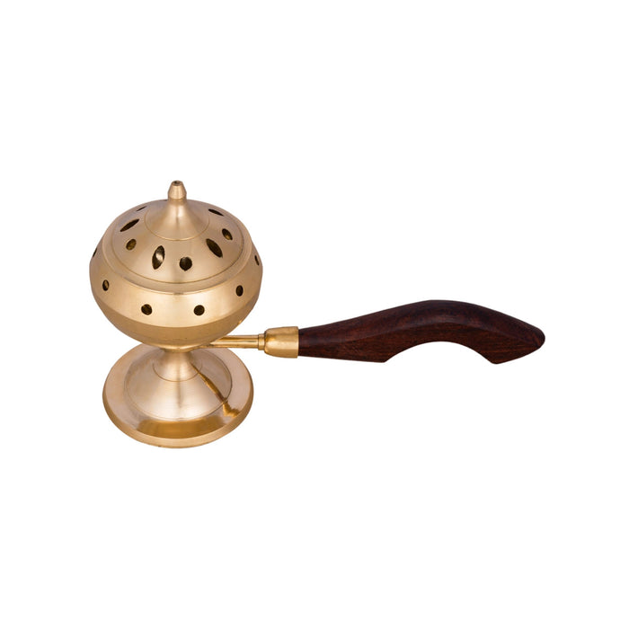 Sambrani Holder With Wooden Handle - 5 x 8 Inches | Brass Dhoop Stand With Lid/ Sambrani Stand for Pooja
