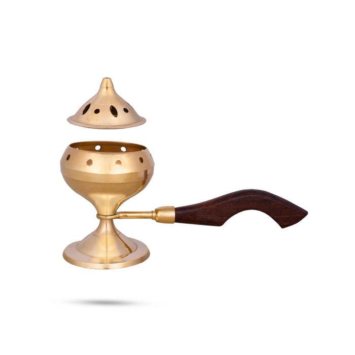 Sambrani Holder With Wooden Handle - 5 x 8 Inches | Brass Dhoop Stand With Lid/ Sambrani Stand for Pooja