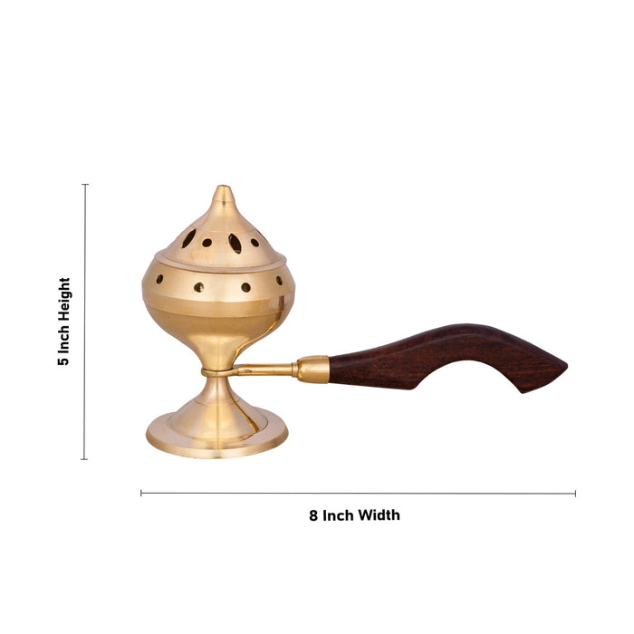 Sambrani Holder With Wooden Handle - 5 x 8 Inches | Brass Dhoop Stand With Lid/ Sambrani Stand for Pooja