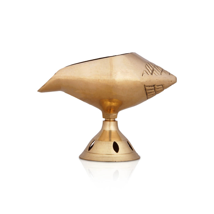Shankh Shape Brass Lamp With Base - 3.5 x 4 Inches | Brass Pooja Diya/ Brass Deepam/ Brass Vilakku for Home