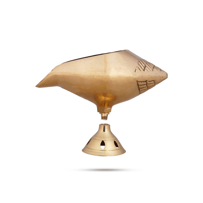 Shankh Shape Brass Lamp With Base - 3.5 x 4 Inches | Brass Pooja Diya/ Brass Deepam/ Brass Vilakku for Home